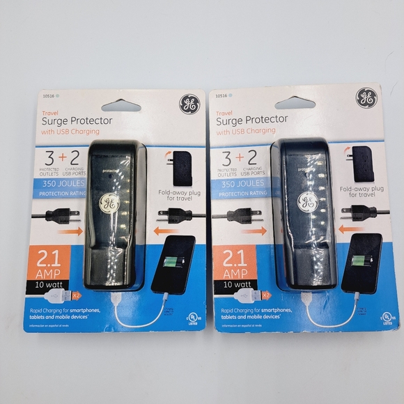 GE Other - 2 GE Travel Surge Protectors Outlets with USB Charging Ports & Foldable Prongs